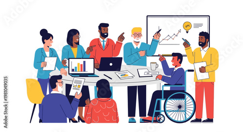 Diverse group of people in meeting.