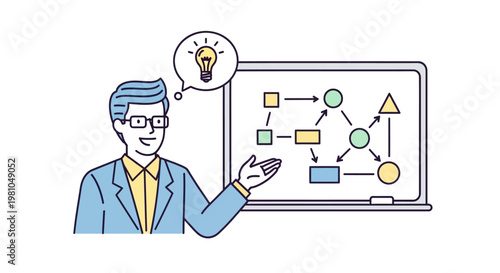 Businessman presenting flowchart on screen.
