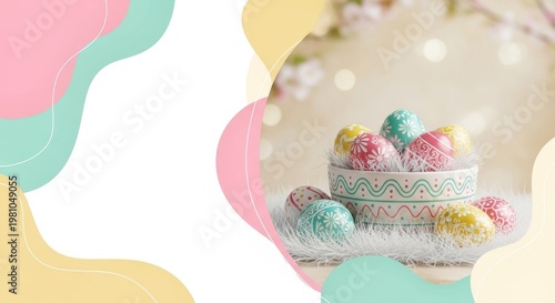 Decorative Easter eggs in a bowl on a fluffy surface with a soft background