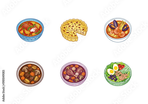 Classic French Cuisine Dishes and Gourmet Meals with Crayon Crayon Pencil Texture and Colorful Textures