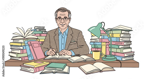 Man sitting at desk with books.