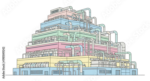 Multilevel industrial factory building structure.