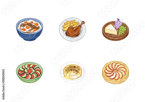 French Cuisine and Traditional Gastronomy Dishes with Fluid Crayon Pencil Texture and Crayon Colorful Style