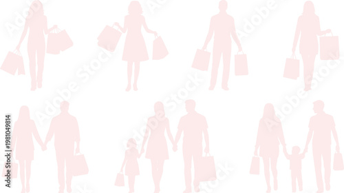 Shopping family silhouettes, consumer lifestyle illustration, people carrying bags flat vector