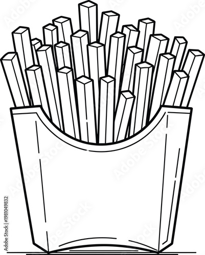French fries in a cardboard box container, fast food snack menu, crispy potato sticks line art illustration, isolated on white background, vector icon.
