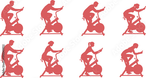 Indoor cycling workout positions, fitness training silhouettes, exercise bike stances flat vector