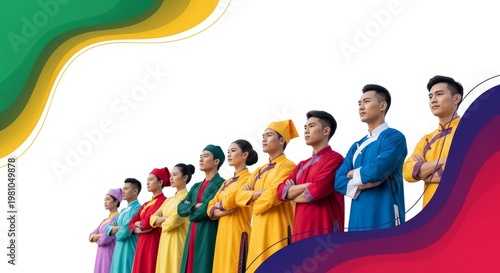 Young Asian adults in traditional colorful robes stand with crossed arms against a white background with abstract wavy shapes.