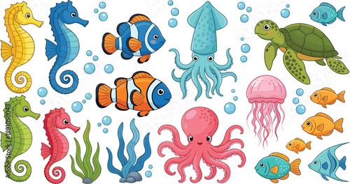 Cute Underwater Sea Animal Vector Set Featuring Seahorses, Clownfish, Sea Turtle, Octopus, Squid, and Jellyfish for Kids Nursery and Educational Graphic Designs