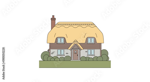 Illustrated thatched cottage against a white backdrop for various applications