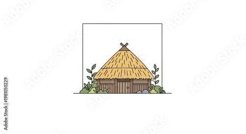 Illustrated thatched roof hut surrounded by foliage against a white backdrop
