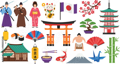Japanese Culture and Landmark Vector Set Featuring Pagoda, Torii Gate, Mt. Fuji, Samurai, Geisha, Sushi, and Traditional Symbols
