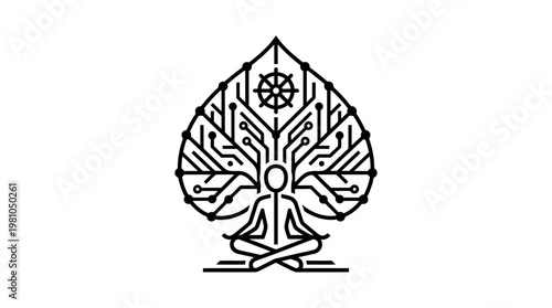 Meditating Human with Tech Tree and Dharma Wheel