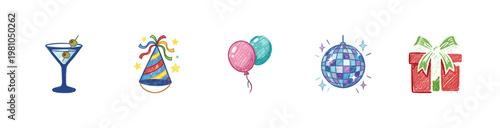Party Celebration and Event Entertainment Elements with Colorful Crayony Outlines and Textured Brushstroke Style