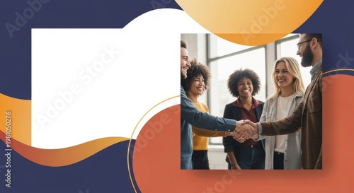 Diverse professionals in smart casual attire shaking hands in a bright office space.
