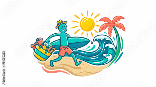 Happy Surfer On Tropical Beach Enjoying Summer