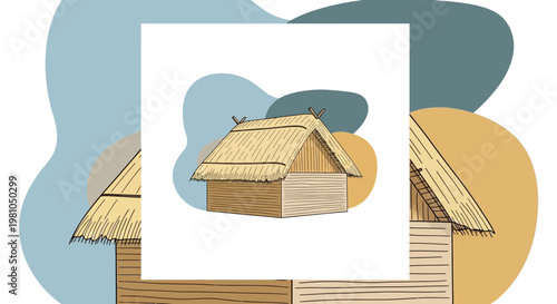Illustrated timber houses with thatched roofs set against abstract background