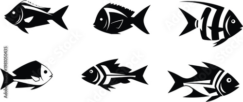 Stylized black and white fish collection a graphic design illustration