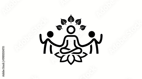 Meditating Figure Surrounded by People and Leaves