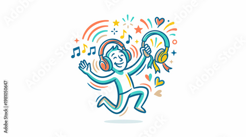 Joyful Person Dancing With Headphones And Music Notes