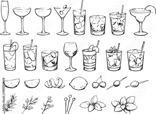 Hand drawn illustration featuring a large variety of different cocktail glasses and essential bar garnishes designed for creating professional menus in a stylish artistic way