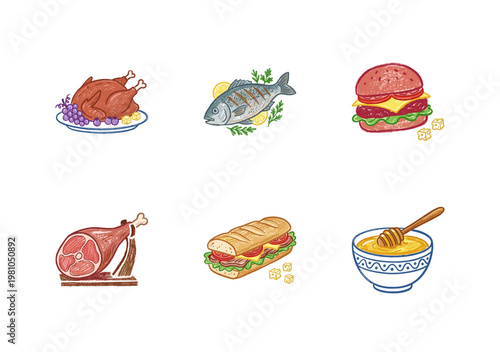 Assorted Gourmet Food and Deli Meats with Textured Crayon Pencil Texture and Crayon Colorful Aesthetic