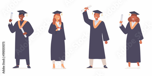 Four graduating students celebrate their achievement with diplomas in hand