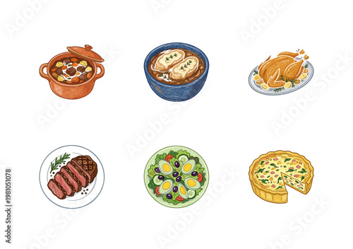 Classic French Cuisine Dishes and Gourmet Gastronomy Meals with Fluid Crayon Pencil Texture in Crayon Colorful Style