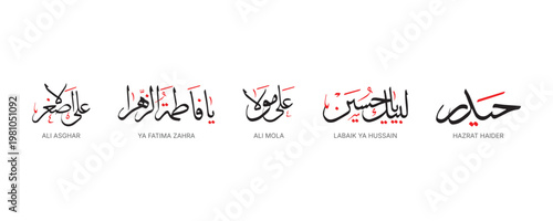 Labaik Ya Hussain Ya Fatima Zahra and Ali Mola Arabic Calligraphy Isolated on White Background 
