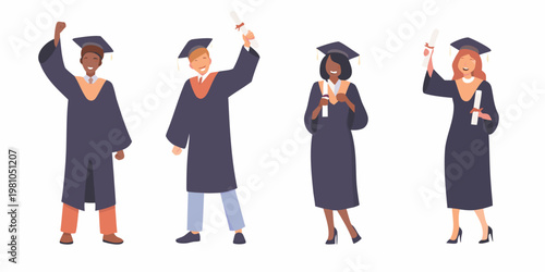 Four diverse graduates celebrate their academic achievements with diplomas