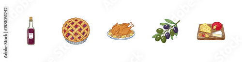 Thanksgiving Dinner Harvest and Autumn Food Elements with Crayon Crayon Pencil Texture and Colorful Detail