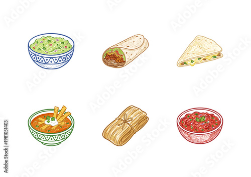 Traditional Mexican Cuisine and Popular Food Dishes with Crayon Crayon Pencil Texture and Detailed Textures