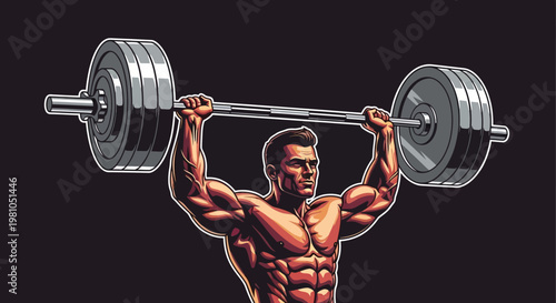 Muscular man lifting barbell overhead training fitness exercise vector illustration