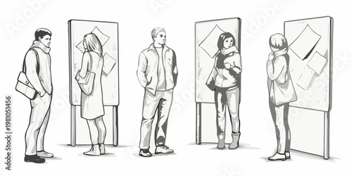 People viewing displays with papers in a sketched monochrome style