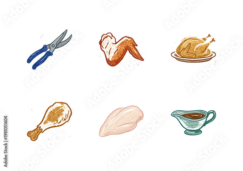 Poultry Cuts and Roasted Chicken Meat Elements in Colorful Crayony Pencil Texture Style for Food Packaging and Culinary Design