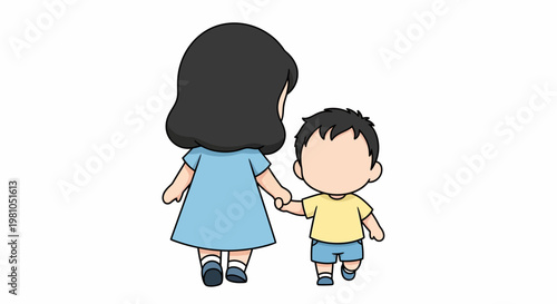 Woman and child holding hands walking.