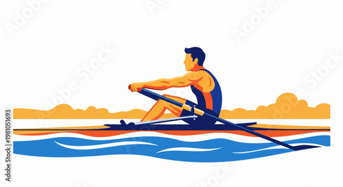 Vector illustration of a single rower in a sleek shell boat gliding on blue water at sunset