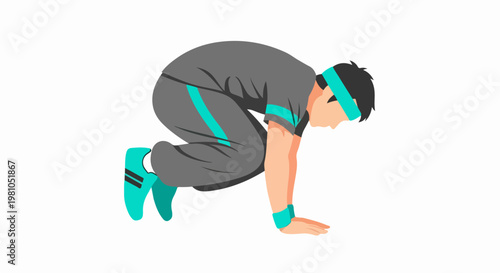 Vector illustration of a male athlete in starting crouch wearing teal headband and teal shoes
