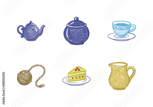 Tea Time Essentials and Afternoon Snack Elements with Inky Brush Strokes in Crayon Colorful Style
