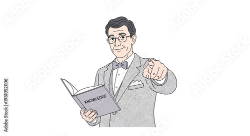 Man in suit holding newspaper pointing.