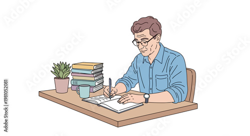 Man sitting at desk with books.