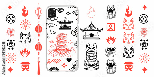 Japanese themed phone case with stylized illustrations and traditional motifs