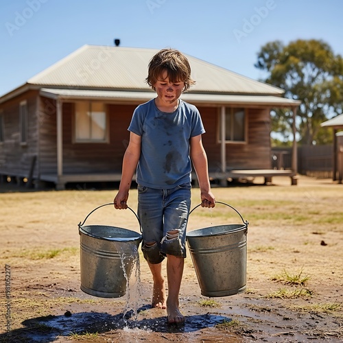 Boy Carrying Water Buckets.