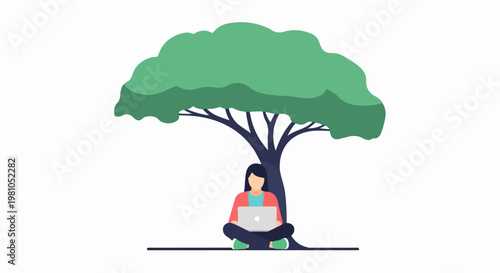 Illustration of person sitting under a leafy tree using a laptop in an outdoor calm setting