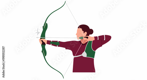 Stylized vector illustration of a female archer drawing a bow wearing layered protective gear