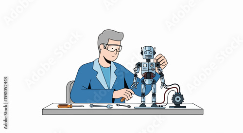 Vector illustration of a scientist assembling a small robot with tools on a workbench in a lab