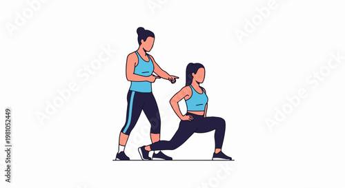 Fitness training illustration with coach guiding a woman through lunge exercise in sporty wear