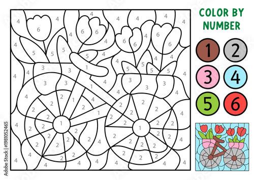 Vector garden color by number activity with bicycle flower bed with flowers. Spring black and white counting game. Coloring page for kids. Line printable worksheet with gardening decoration