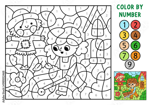 Vector garden color by number activity with girl pushing wheelbarrow with leaves. Spring black and white counting game. Coloring page for kids. Line printable worksheet with kid gardener