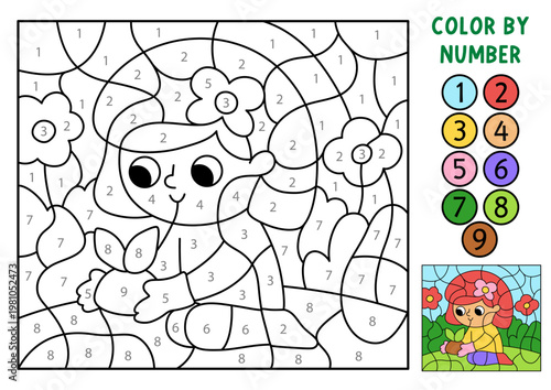 Vector garden color by number activity with girl planting baby plant. Spring black and white counting, colouring game. Cute coloring page for kids. Line printable worksheet with kid gardener