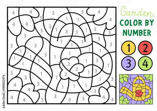 Vector garden color by number activity with watering can. Spring black and white counting, colouring game. Cute coloring page for kids with water pot. Line printable worksheet with gardener tool